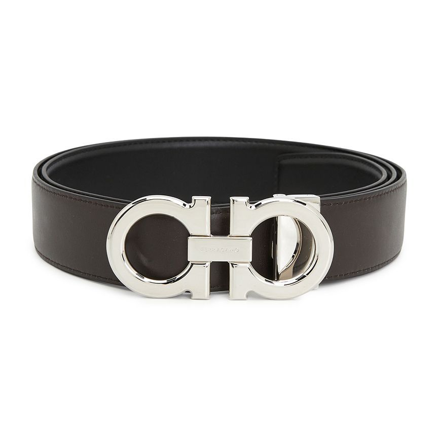 Cintura con fibbia lucida logo reversibile nero/marrone